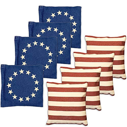 All Weather Cornhole Bean Bags Set of 8 - Duck Cloth, Regulation Size & Weight - Betsy Ross Vintage American Flag