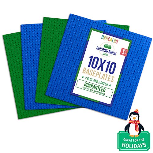 Barcaloo Building Bricks - 10 Inch x 10 Inch Stackable Baseplates-4 Pack (2 Blue, 2 Green) Classic Baseplates Compatible with All Major Brands