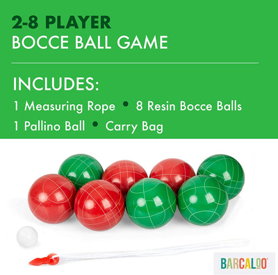 Barcaloo Bocce Ball Set -8 Premium Resin Red & Green, Pallino, Carry Bag & Rope