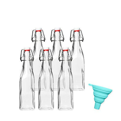 Glass Beer Bottles for Home Brewing - Square 6 Pack with Flip Caps and Funnel