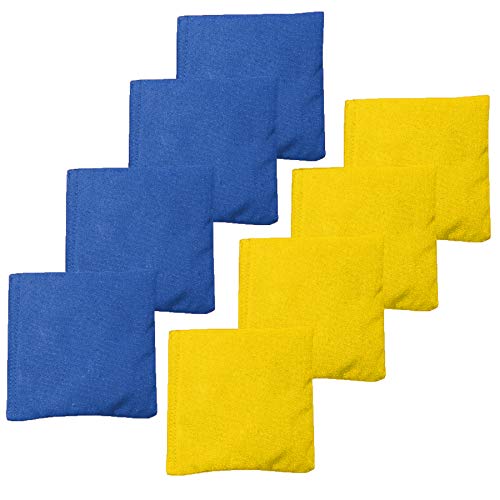 All Weather Cornhole Bean Bags Set of 8 - Duck Cloth, Regulation Size & Weight - Yellow & Royal Blue