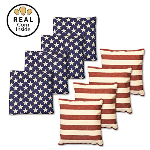 Real Corn Filled Cornhole Bags - Set of 8 Bean Bags for Corn Hole Game - Regulation Size & Weight - Stars and Stripes