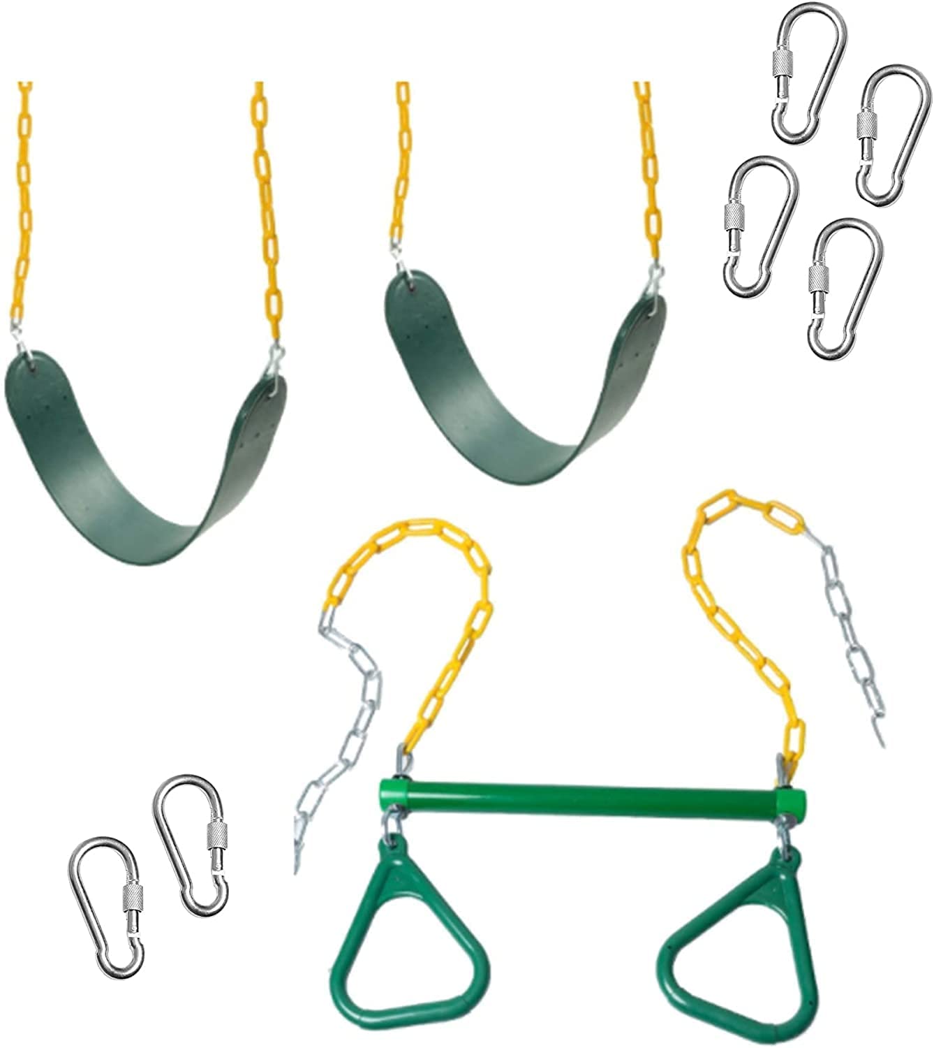 Barcaloo Playground Trapeze Bar with Rings and 2 Pack Swings with Plastic Coated Chain - Combination Set of Outdoor Swings for Jungle Gym