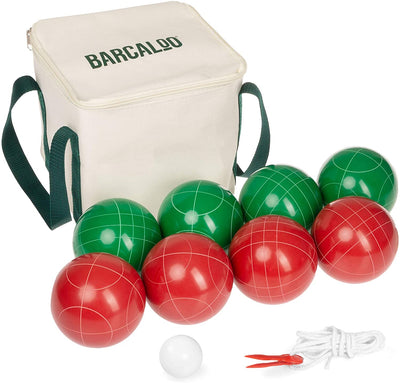 Barcaloo Bocce Ball Set -8 Premium Resin Red & Green, Pallino, Carry Bag & Rope