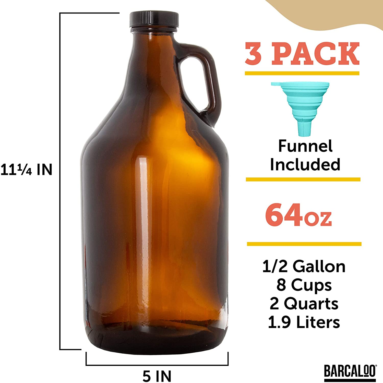 Glass Growlers for Beer, 3 Pack with Funnel - 64 oz Growler Set with L -  Barcaloo