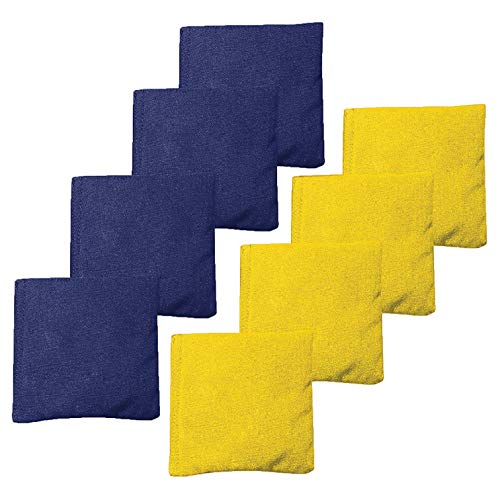 All Weather Cornhole Bean Bags Set of 8 - Duck Cloth, Regulation Size & Weight - Navy Blue & Yellow