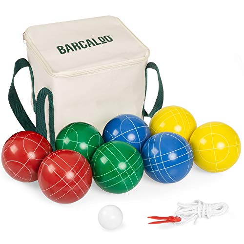Barcaloo Bocce Ball Set with 8 Premium Resin Multicolor Bocce Balls, Pallino, Carry Bag & Rope