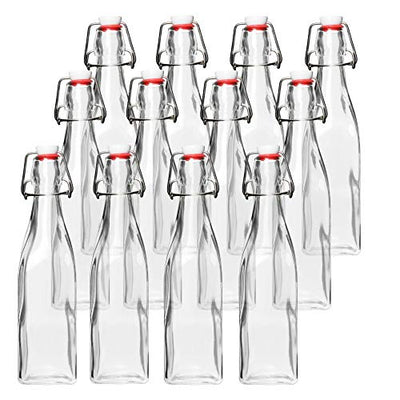 Glass Beer Bottles for Home Brewing - Square 12 Pack with Flip Caps and Funnel
